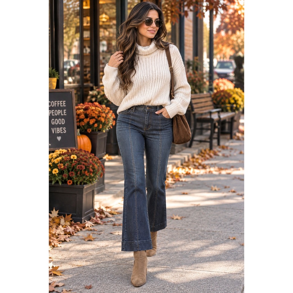 Talbots XL Flare Leg Pull-On Travel Jeans Blue Stretch Denim Front Seam Wide Leg